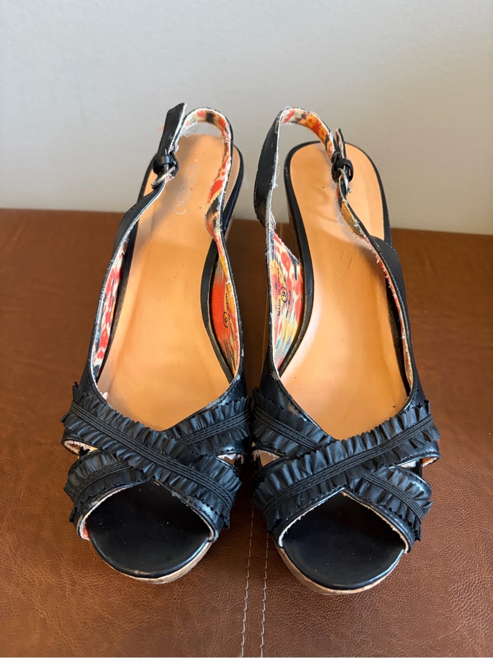 Studio Black Ruffled Slingback Peep-Toe Heels